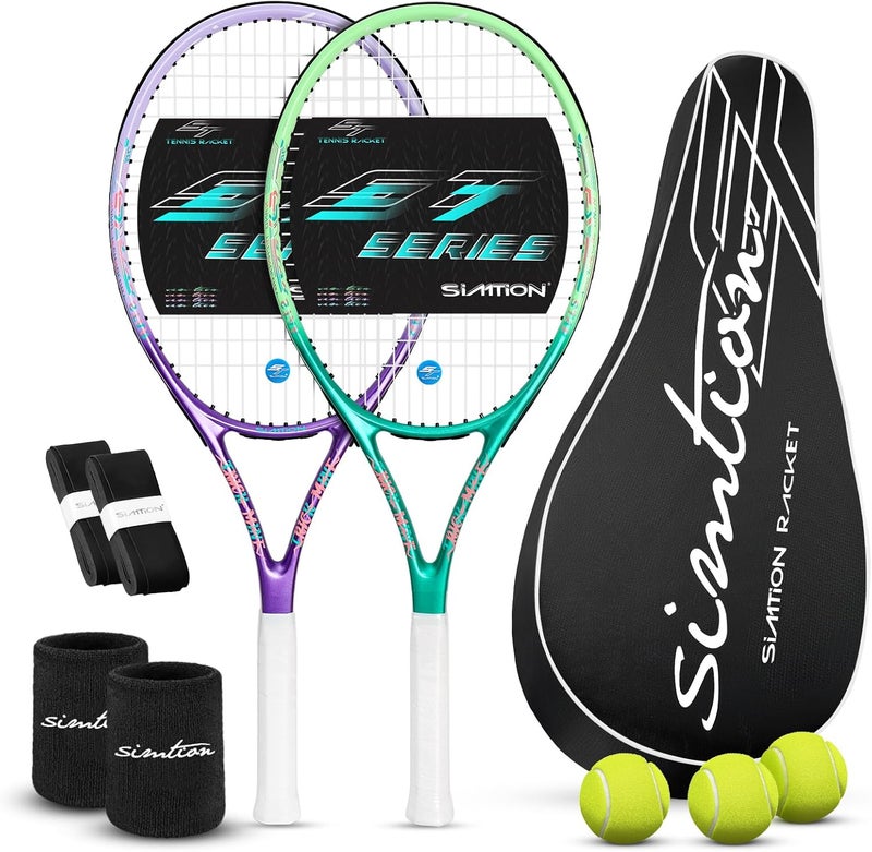 SIMTION 27 Inch Tennis Rackets Set, 2 Player Pre-StrungTennis Racquets for Adults, 2 Overgrip Tapes, 3 Balls, 2 Wristbands and Carrying Bag, for Beginner and Professional - Image 1